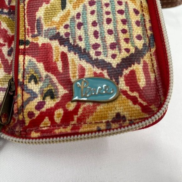 Sakroots Crossbody Phone Wallet  Red Aztec Print Shoulder Strap Brown Trim - Picture 7 of 12